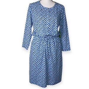 Lands End NWT Womens Dress M 10/12 Floral Button Front 3/4 Sleeve Blue Pockets